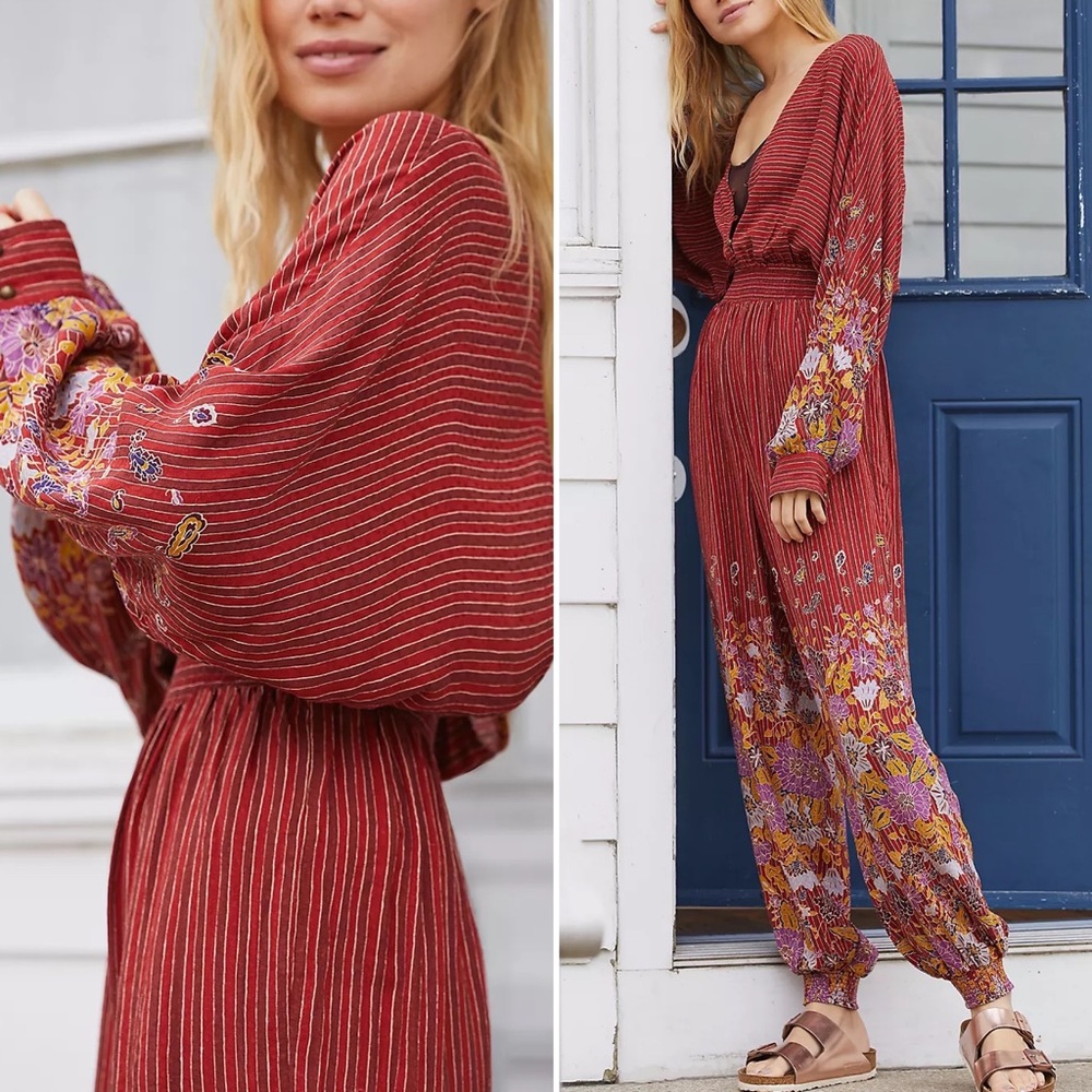 Anthropologie Breezy Floral Open-Back Rust Red Long Sleeve Jumpsuit